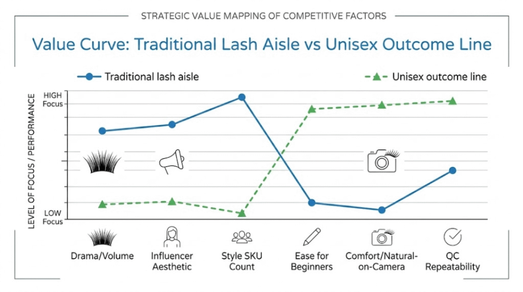 Blue Ocean value curve chart for men’s and unisex eyelash positioning factors