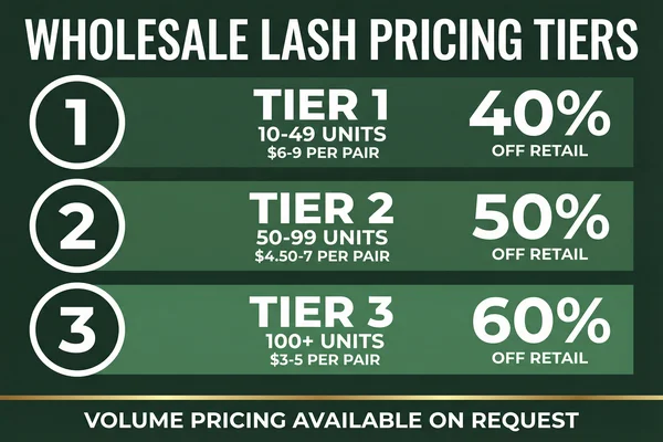 Wholesale lash pricing tiers poster with dark green background showing three tiers with percentage discounts off retail