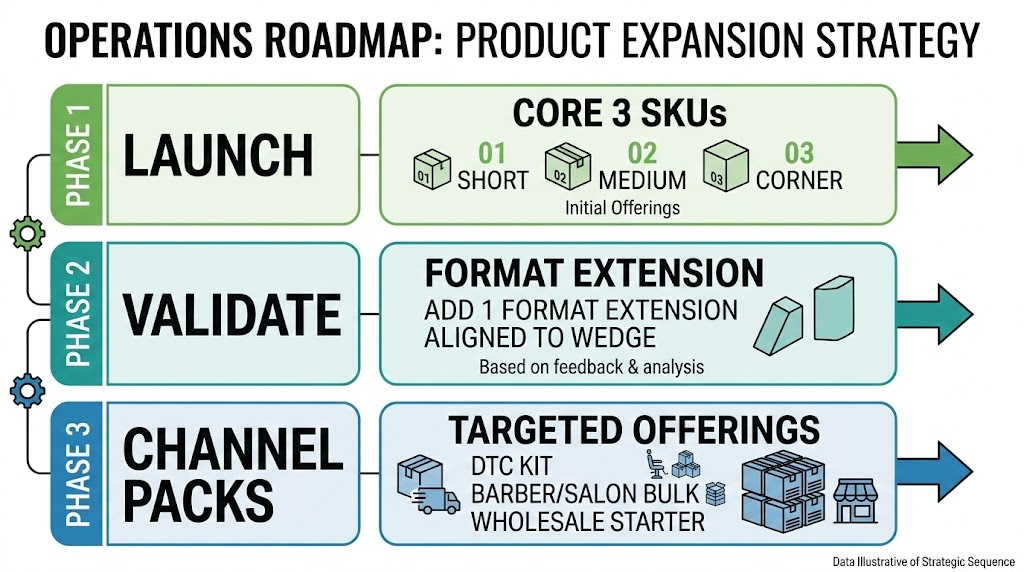 Roadmap of 3-SKU private label eyelash architecture scaling by phases