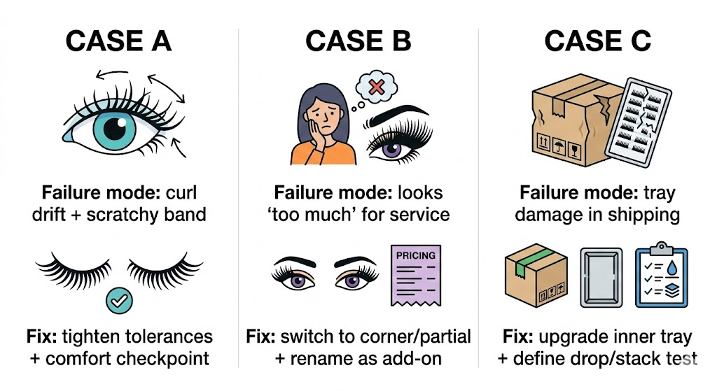 Three-panel diagram of eyelash sourcing scenarios with failure modes and fixes