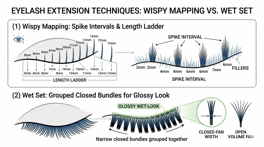 Diagram showing wispy spike mapping versus wet set closed-fan grouping