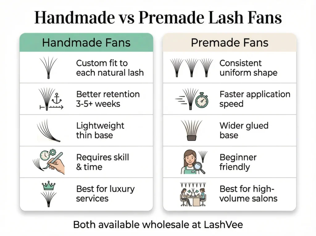 Infographic comparing handmade and premade lash fans