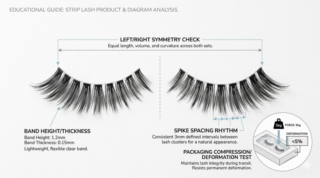 Quality control checklist illustration for strip lashes including symmetry and band tests