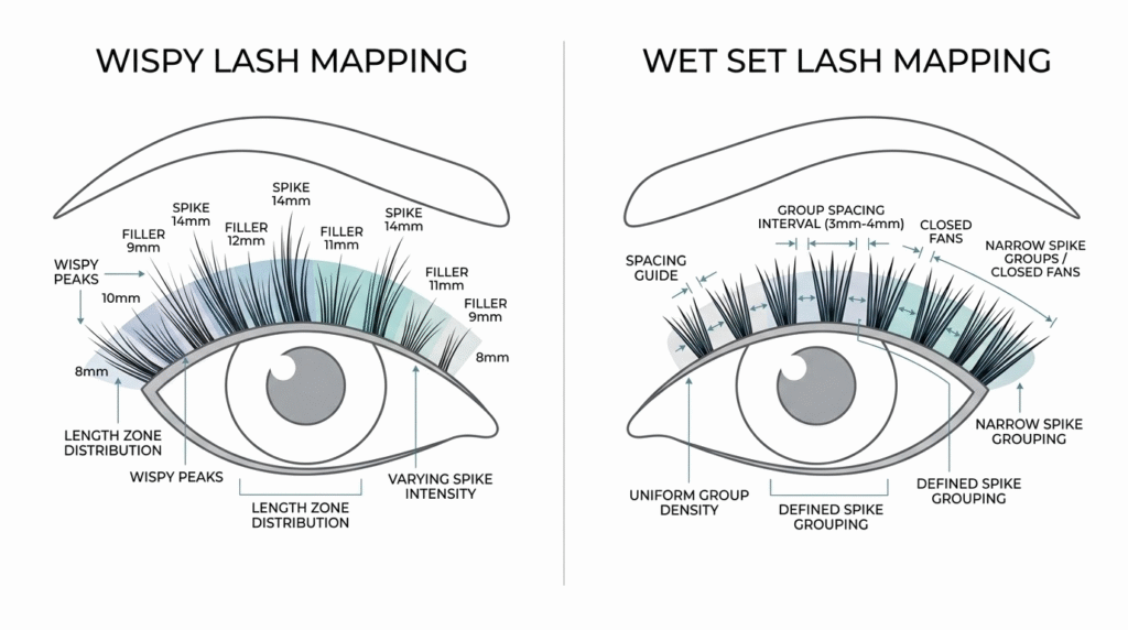 Lash extension mapping diagram comparing wispy and wet set styles