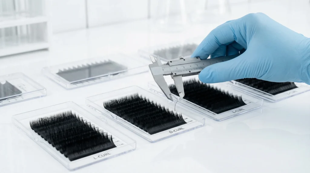 A close-up image showcasing the quality control process for eyelash extensions, with different curls and lengths being inspected for consistency.