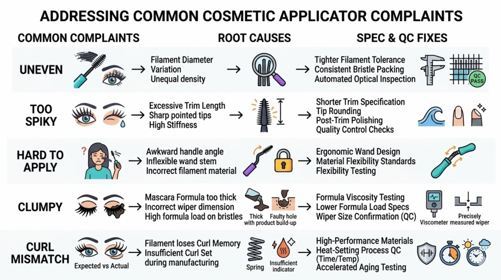 Flowchart mapping lash customer complaints to root causes and QC fixes