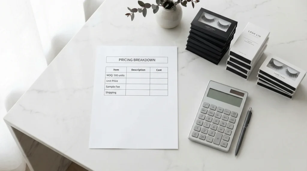 A flat lay image showing a pricing breakdown document, a calculator, and stacks of private label lash boxes, representing the process of calculating costs.