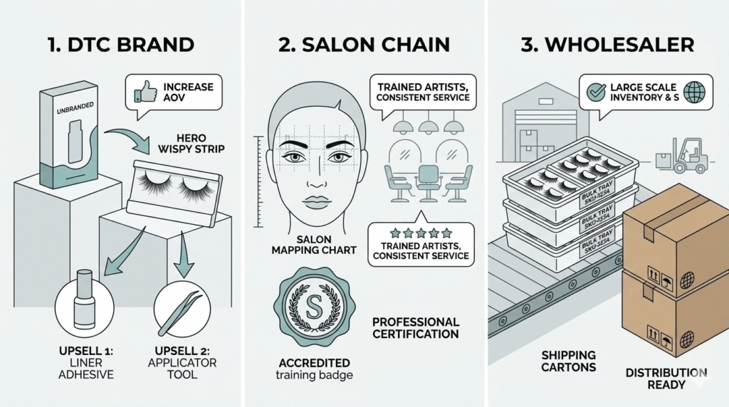 Three-panel illustration of lash sourcing scenarios for 2026