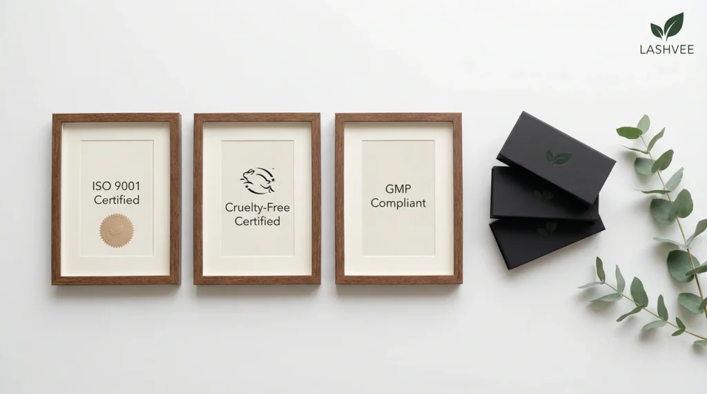 A flat lay image showing framed certificates for ISO 9001, Cruelty-Free, and GMP compliance, next to branded lash boxes.