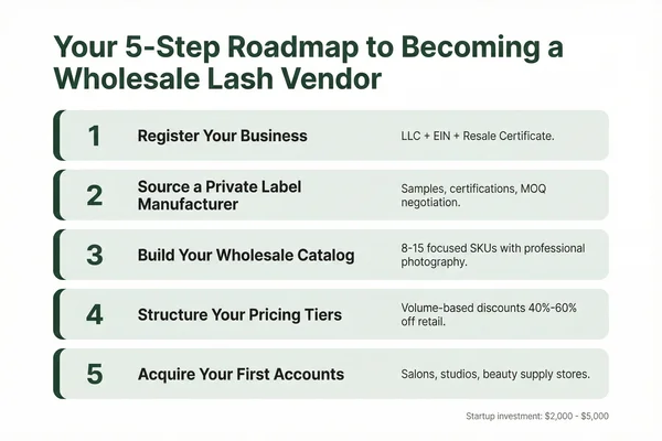5-step roadmap infographic for becoming a wholesale lash vendor with green numbered cards on white background