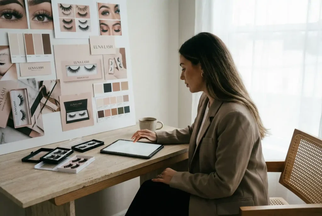 A high-end, cinematic shot of a lash brand owner reviewing a business plan on a sleek tablet, surrounded by premium lash products and a mood board, symbolizing strategic planning and vision for a beauty business