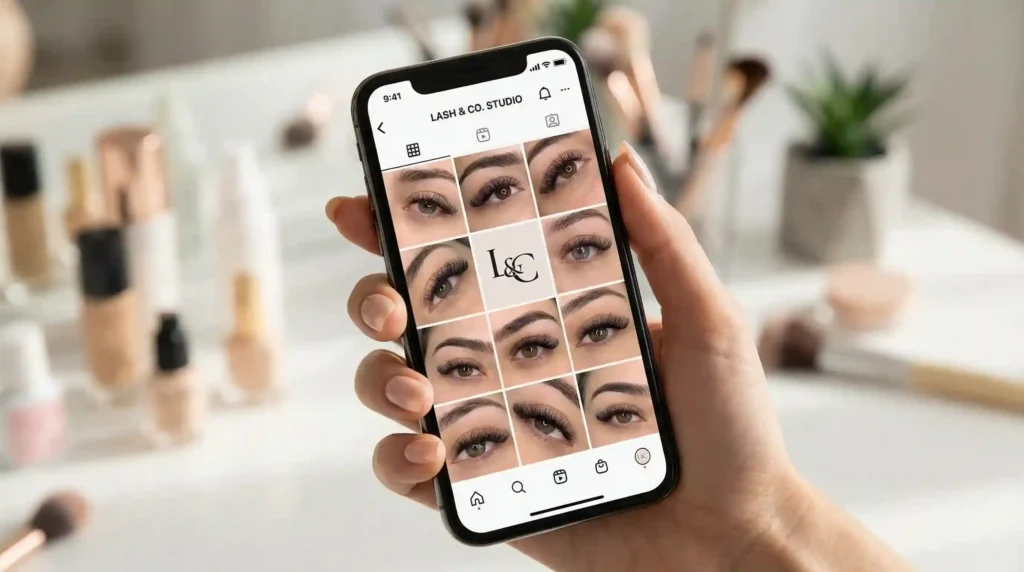 A social media layout displaying high-quality lash content on a modern smartphone, held by a hand with manicured nails, with a soft-focus background of beauty products, illustrating effective digital marketing for a lash brand