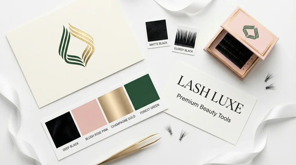A mood board showcasing key visual design elements for a lash brand, including a logo, color palette, typography, and packaging mockups.