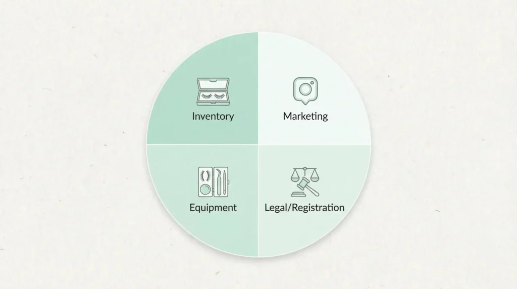 A professional visual representing the budget allocation for a lash business startup, showing categories like Inventory, Marketing, Equipment, and Legal/Registration, to illustrate the financial planning required