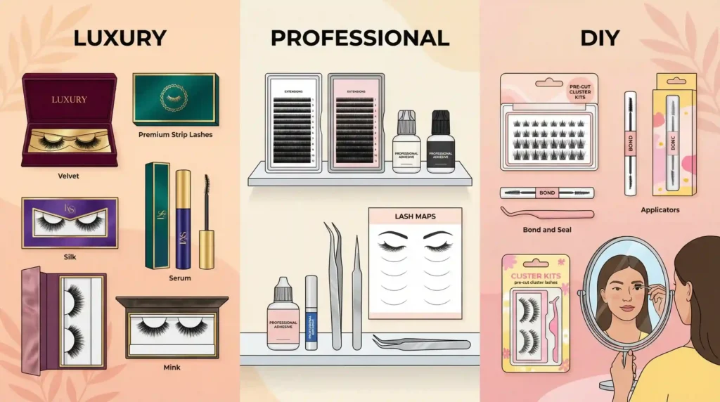 A clean, professional infographic visually representing different lash market segments: Luxury, Professional, and DIY, illustrating the diverse target audiences within the eyelash industry