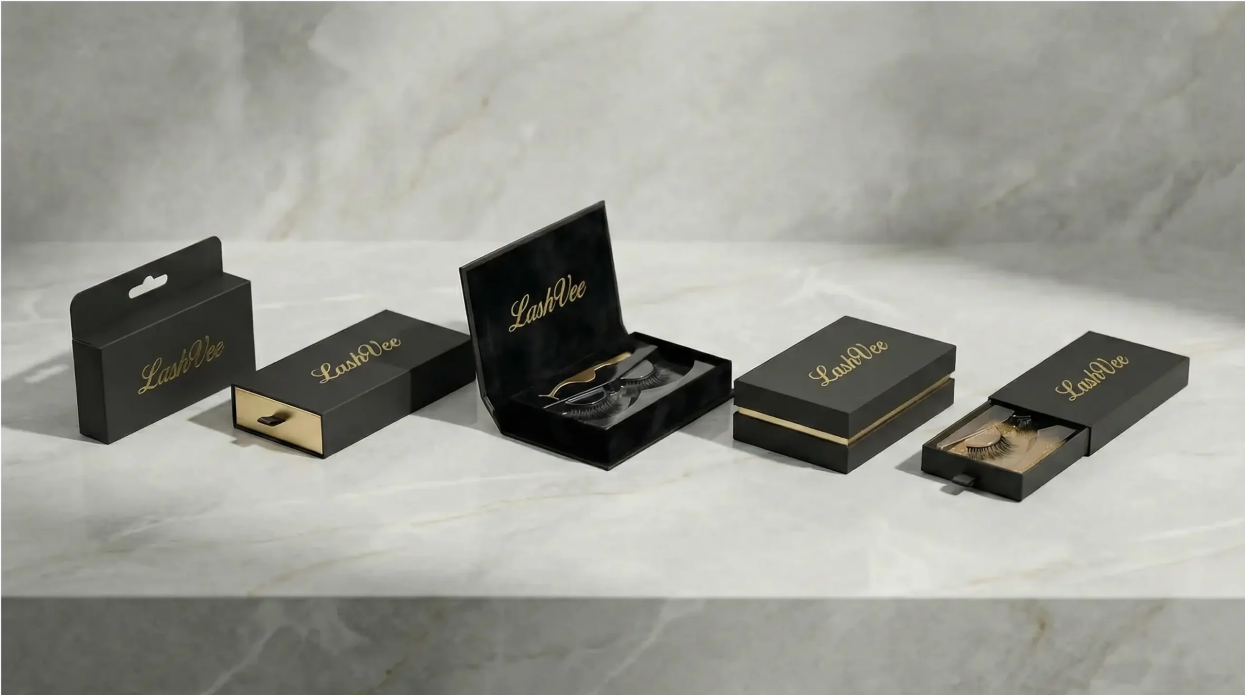 Five lash packaging box styles — tuck-end, drawer, magnetic book, rigid lid-base, and sleeve tray
