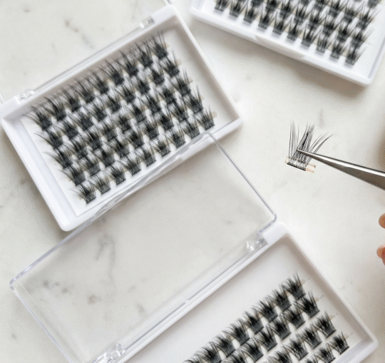 Flat lay of pre-glued DIY cluster lash trays and tweezers