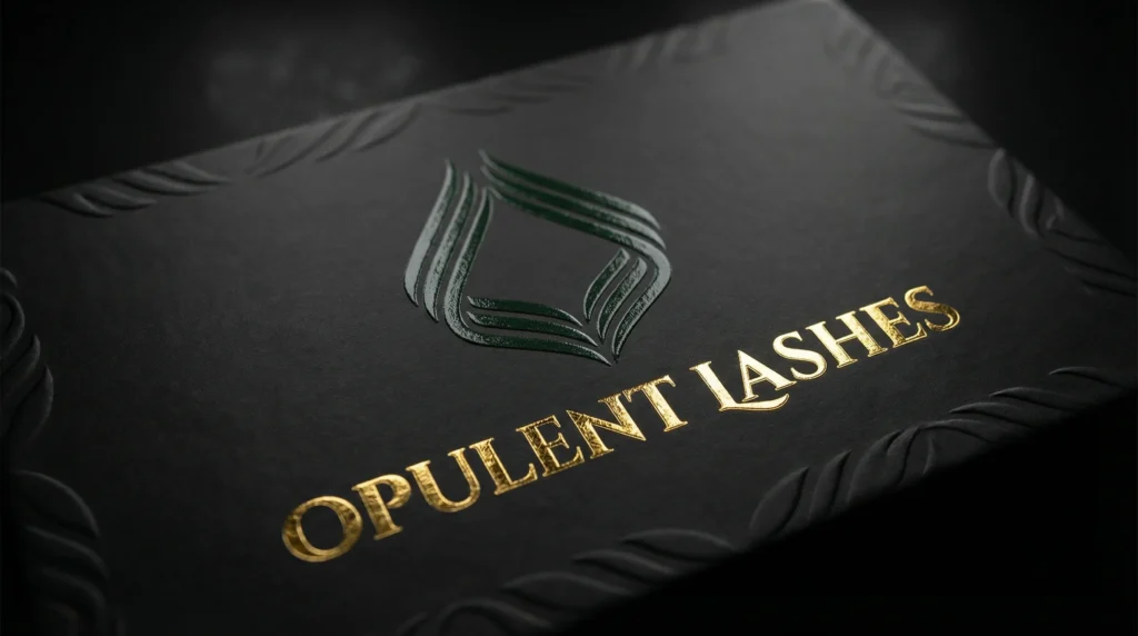 A close-up macro shot of a luxury lash box, highlighting premium print finishes like gold foil, spot UV, and embossing.