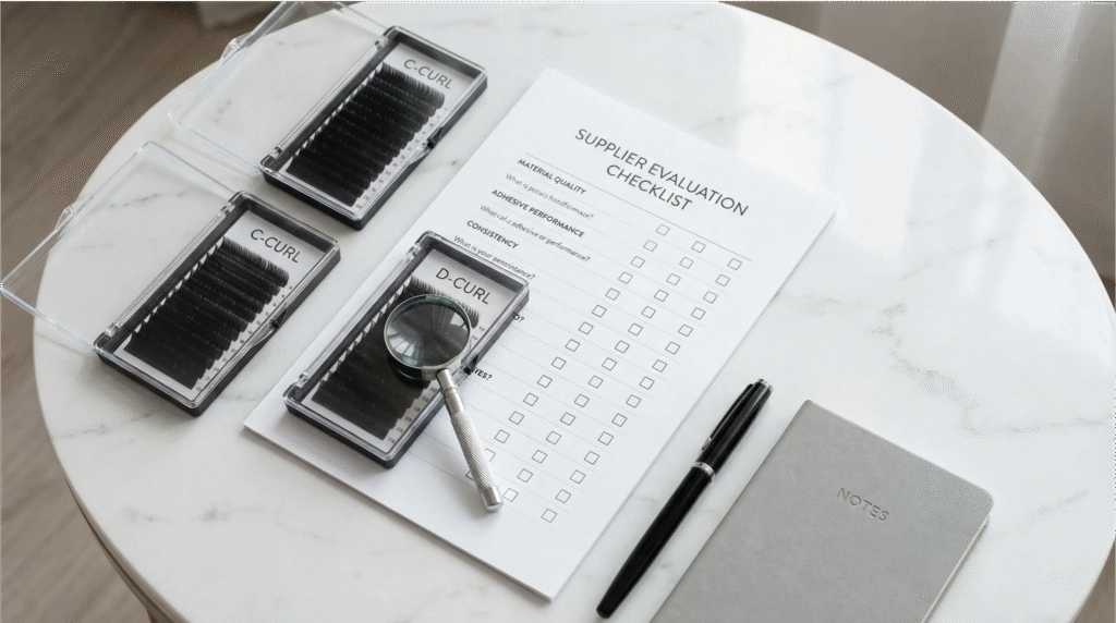 A lash brand owner carefully inspecting private label eyelash extensions from a manufacturer, with a checklist in the background.