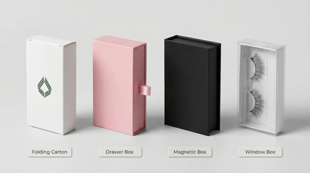 An infographic comparing four different types of eyelash packaging structures: Folding Carton, Drawer Box, Magnetic Box, and Window Box.